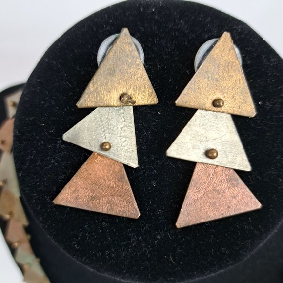 Vintage Mixed Metal Necklace & Earrings Triangle Shape Metal Pieces - Picture 8 of 16